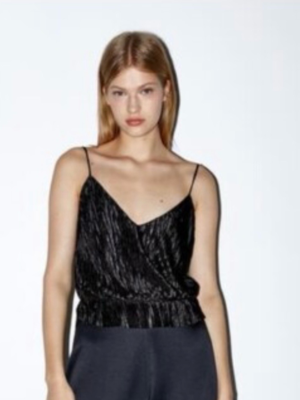 ZARA Black Pleated Spaghetti Strap V-Neck Tank Top Gothic Women’s Size Medium